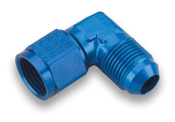 Earls 921104ERL Fitting, Adapter, 90 Degree, 4 AN Female Swivel to 4 AN Male, Aluminum, Blue Anodized, Each