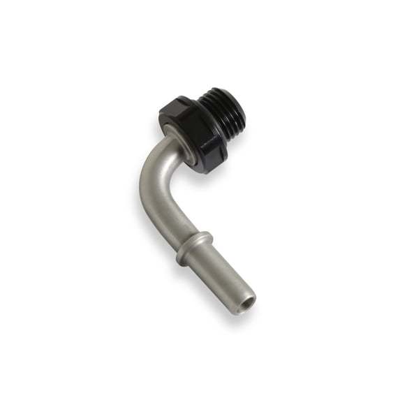 Earls 935056ERL Fitting, Fuel Line Adapter, 90 Degree, 5/16 in SAE Male Quick Disconnect to 6 AN ORB, Stainless, Aluminum, Black Anodized, Each