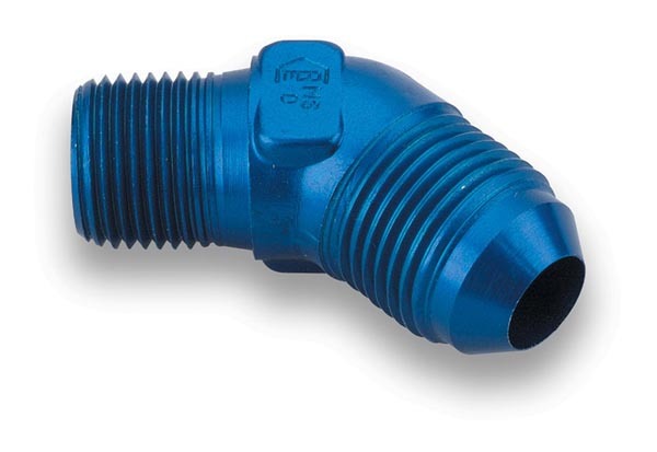 Earls 982306ERL Fitting, Adapter, 45 Degree, 6 AN Male to 1/4 in NPT Male, Aluminum, Blue Anodized, Each