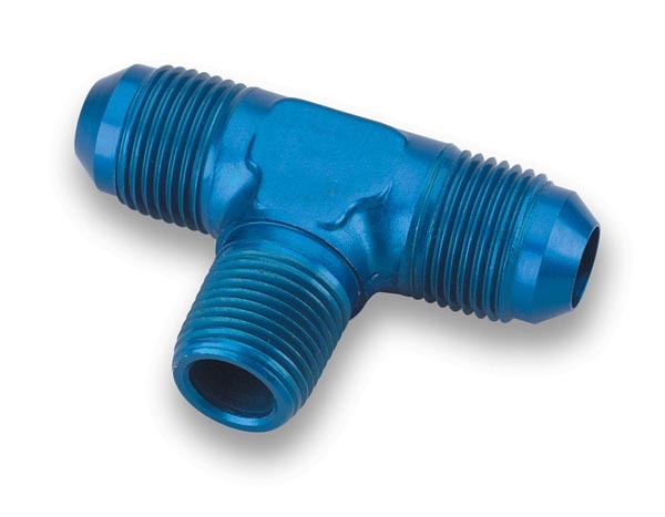 Earls 982503ERL Fitting, Adapter Tee, 3 AN Male x 3 AN Male x 1/8 in NPT Male, Aluminum, Blue Anodized, Each