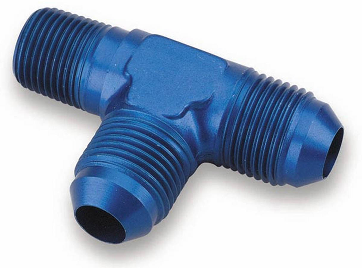 Earls 982610ERL Fitting, Adapter Tee, 1/2 in NPT Male x 10 AN Male x 10 AN Male, Aluminum, Blue Anodized, Each