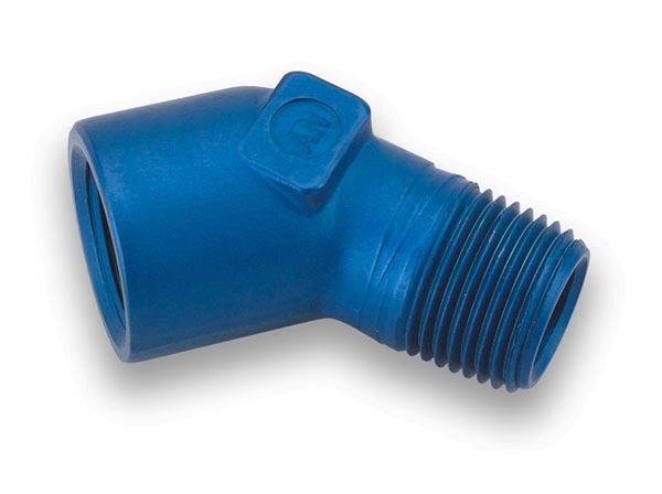 Earls 991502ERL Fitting, Adapter, 45 Degree, 1/4 in NPT Female to 1/4 in NPT Male, Aluminum, Blue Anodized, Each