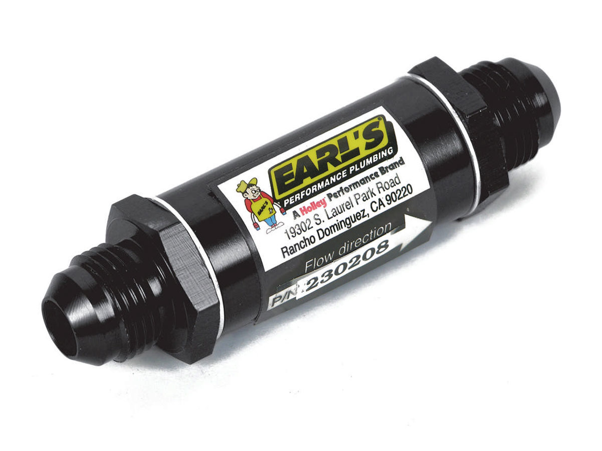 Earls AT230206ERL Fuel Filter, In-Line, 85 Micron, Stainless Element, 6 AN Male Inlet, 6 AN Male Outlet, Aluminum, Black Anodized, Each
