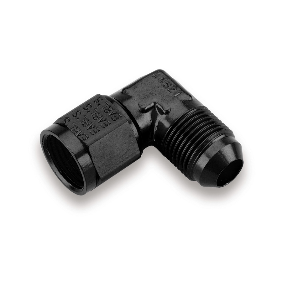 Earls AT921106ERL Fitting, Adapter, 90 Degree, 6 AN Female Swivel to 6 AN Male, Aluminum, Black Anodized, Each