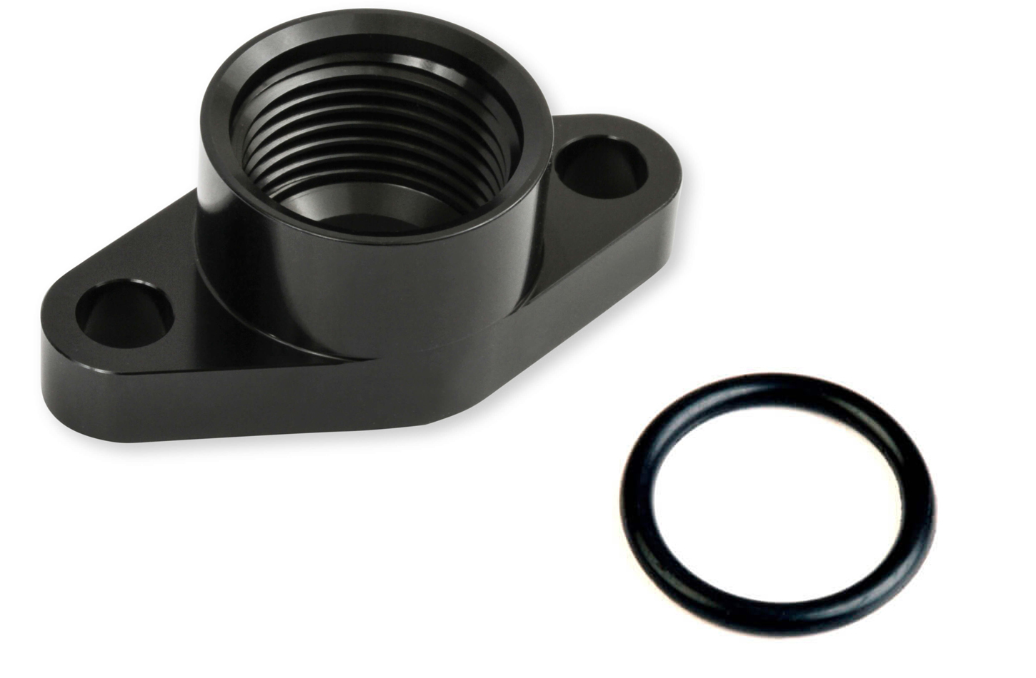 Earls GT0002ERL Fitting, Turbo Fitting, Adapter, Straight, Oil Pan Drain Flange to 12 AN Female O-Ring, Aluminum, Black Anodized, T40 / GT4508R / 2024 Turbos, Each