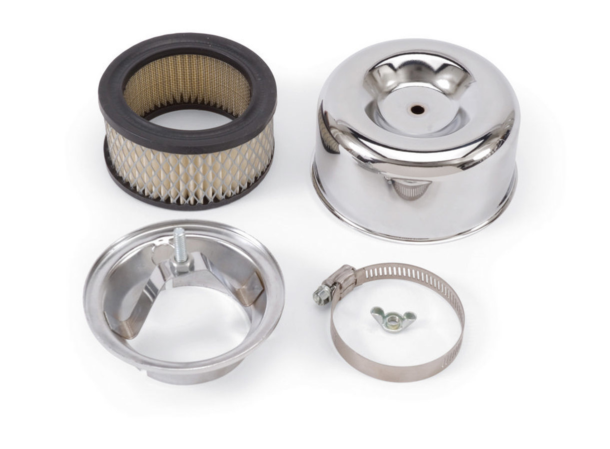 Edelbrock 1202 Air Cleaner Assembly, Edelbrock 94, 4-21/32 in Round, 3-1/8 in Tall, 2-5/8 in Carb Flange, Raised Base, Steel, Chrome, Kit