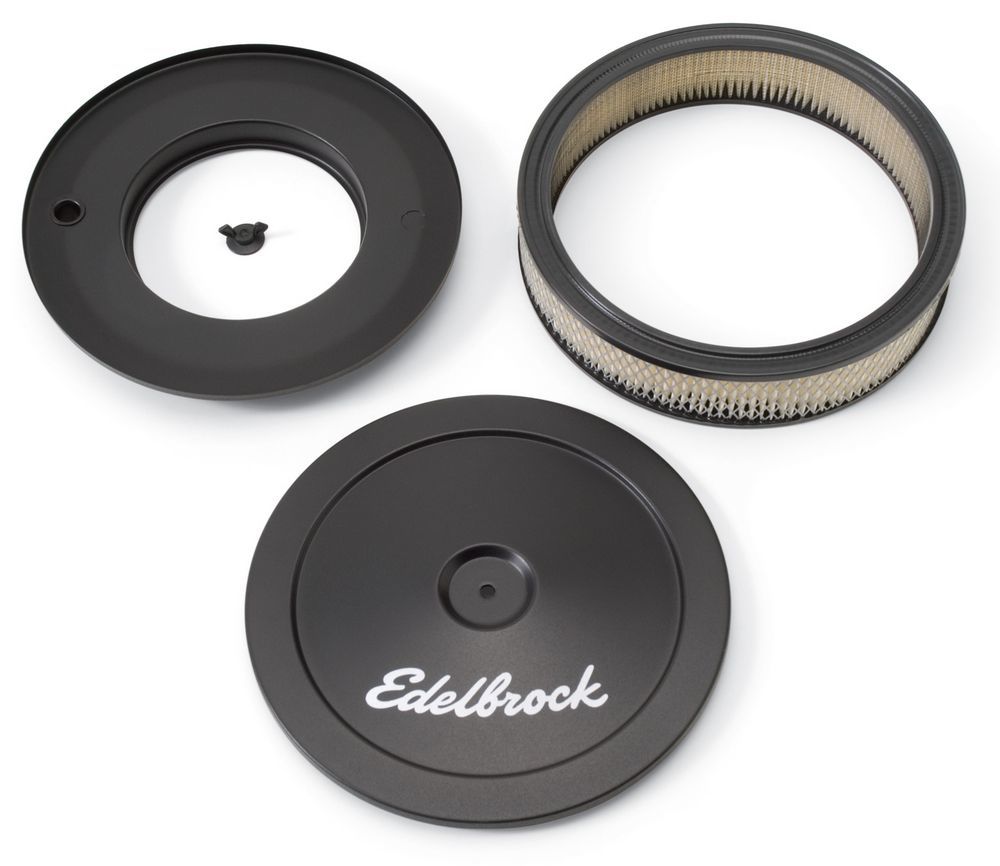 Edelbrock 1203 Air Cleaner Assembly, Pro-Flo, 10 in Round, 3-1/2 in Tall, 5-1/8 in Carb Flange, Raised Base, Steel, Black Powder Coat, Kit