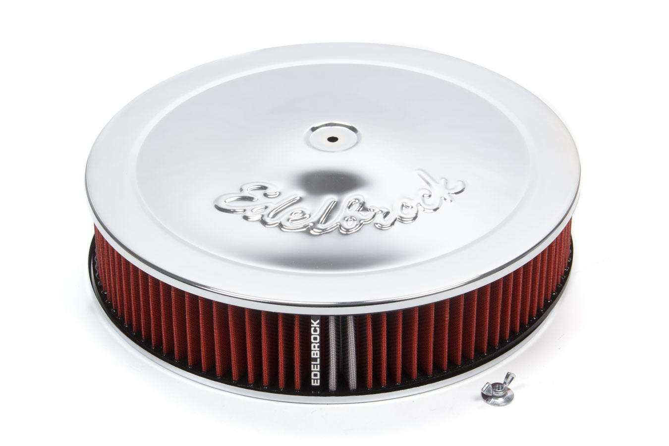 Edelbrock 1206 Air Cleaner Assembly, Pro-Flo, 14 in Round, 3 in Tall, 5-1/8 in Carb Flange, Raised Base, Steel, Cotton, Chrome, Kit