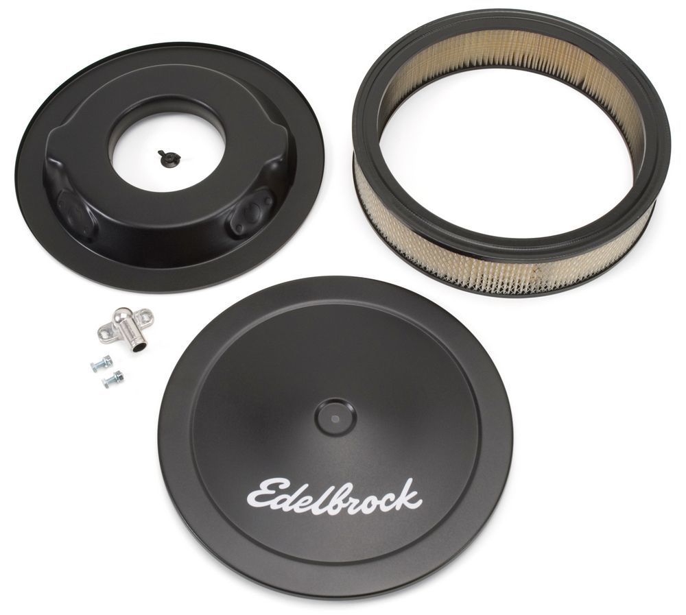 Edelbrock 1223 Air Cleaner Assembly, Pro-Flo, 14 in Round, 3-3/4 in Tall, 5-1/8 in Carb Flange, Drop Base, Steel, Black Powder Coat, Kit
