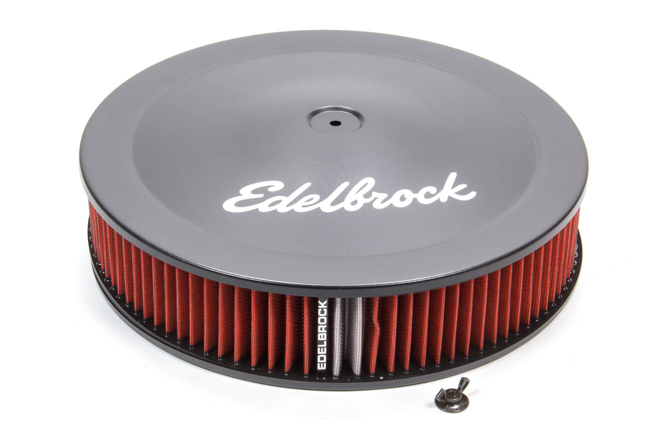 Edelbrock 1225 Air Cleaner Assembly, Pro-Flo, 14 in Round, 3 in Tall, 5-1/8 in Carb Flange, Drop Base, Red Cotton, Steel, Black Powder Coat, Kit