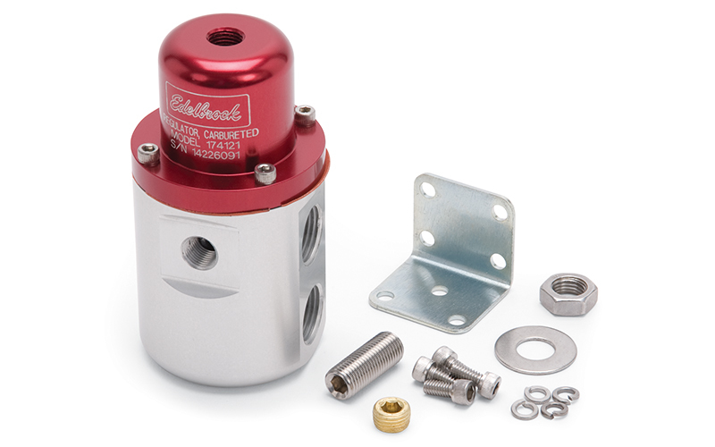Edelbrock 174121 Fuel Pressure Regulator, 5 to 10 psi, In-Line, 3/8 in NPT Female Inlets, 3/8 in NPT Female Outlet, 1/8 in NPT Female Port, Aluminum, Red / Clear Anodized, E85 / Gas / Methanol, Each