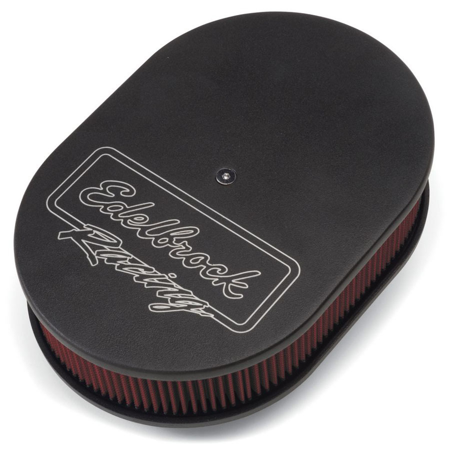 Edelbrock 42203 Air Cleaner Assembly, Victor, 11-7/8 x 8-1/4 in Oval, 3-3/4 in Tall, 5-1/8 in Carb Flange, Raised Base, Aluminum, Black Powder Coat, Kit