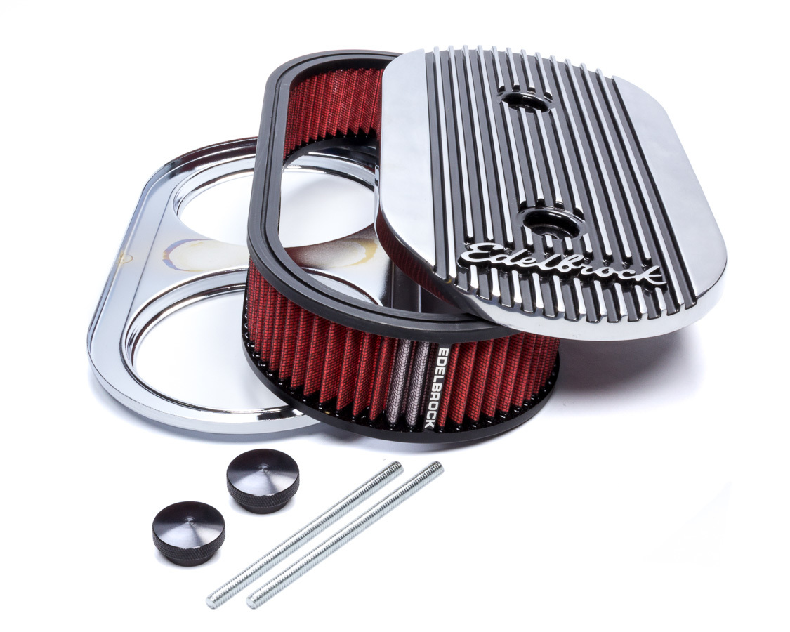 Edelbrock 4272 Air Cleaner Assembly, Elite II, 13-1/2 x 7 in Oval, 3-1/2 in Tall, Dual 5-1/8 in Carb Flange, Raised Base, Aluminum, Polished / Black, Kit
