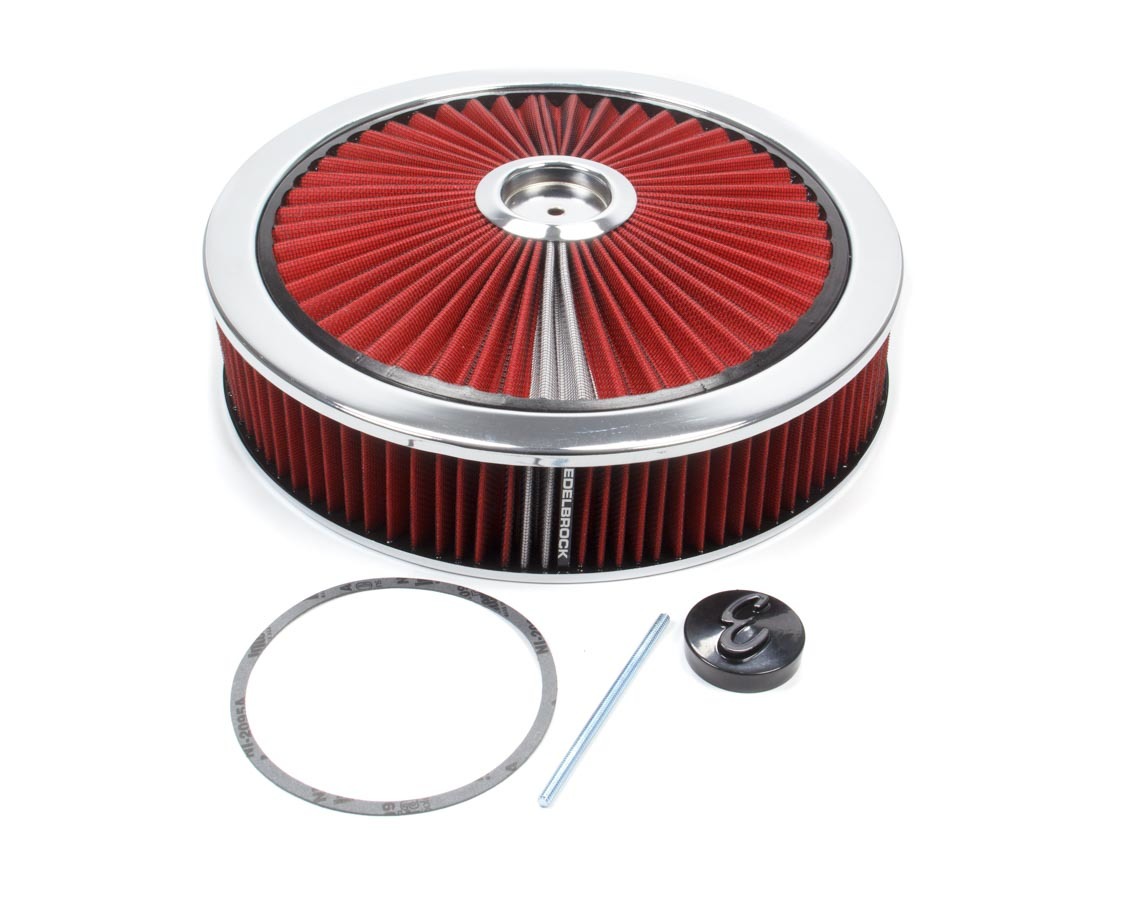 Edelbrock 43660 Air Cleaner Assembly, Pro-Flo, 14 in Round, 3 in Tall, 5-1/8 in Carb Flange, Drop Base, Red Cotton, Aluminum, Clear Powder Coat, Kit