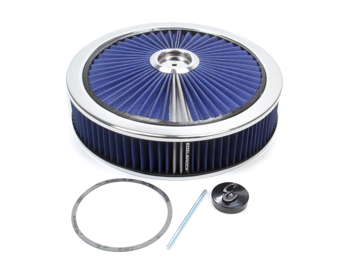 Edelbrock 43661 Air Cleaner Assembly, Pro-Flo, 14 in Round, 3 in Tall, 5-1/8 in Carb Flange, Drop Base, Blue Cotton, Aluminum, Clear Powder Coat, Kit