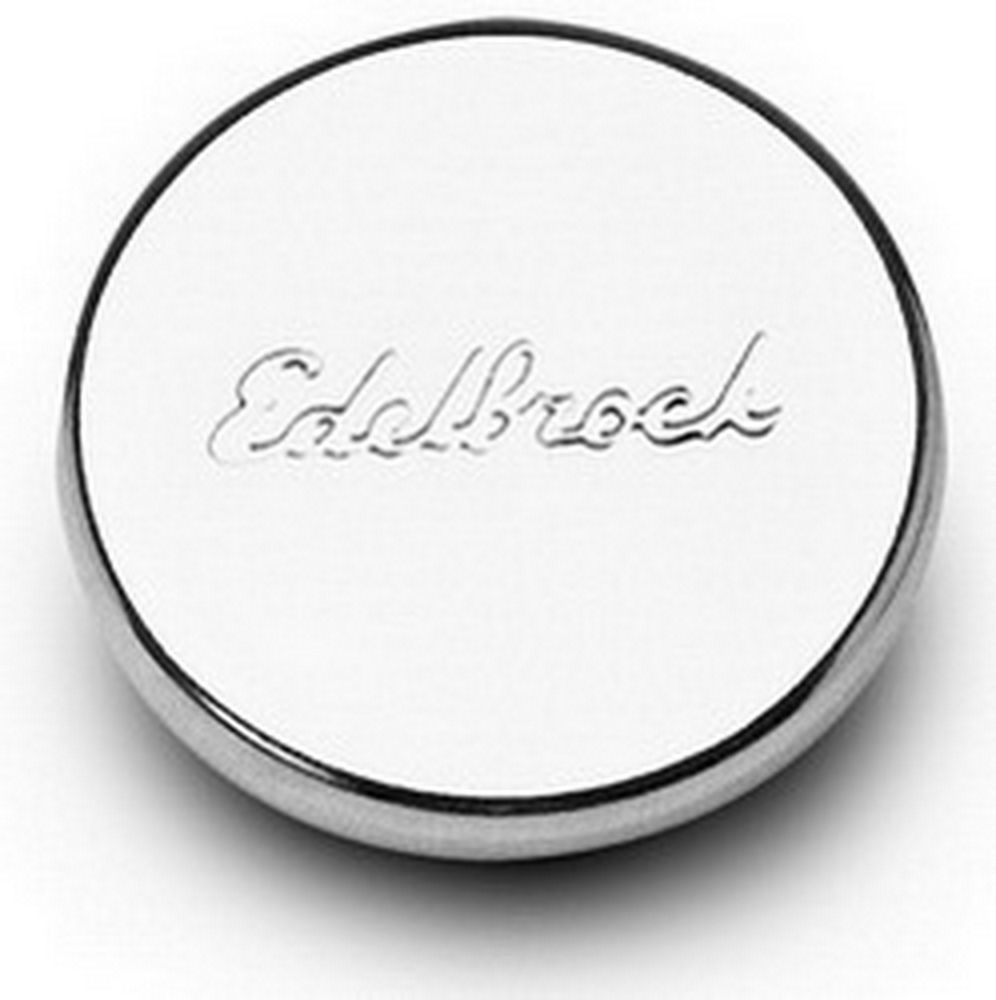 Edelbrock 4415 Oil Fill Cap, Push-On, Round, 1-1/4 in Valve Cover Hole, Edelbrock Logo, Steel, Chrome, Each