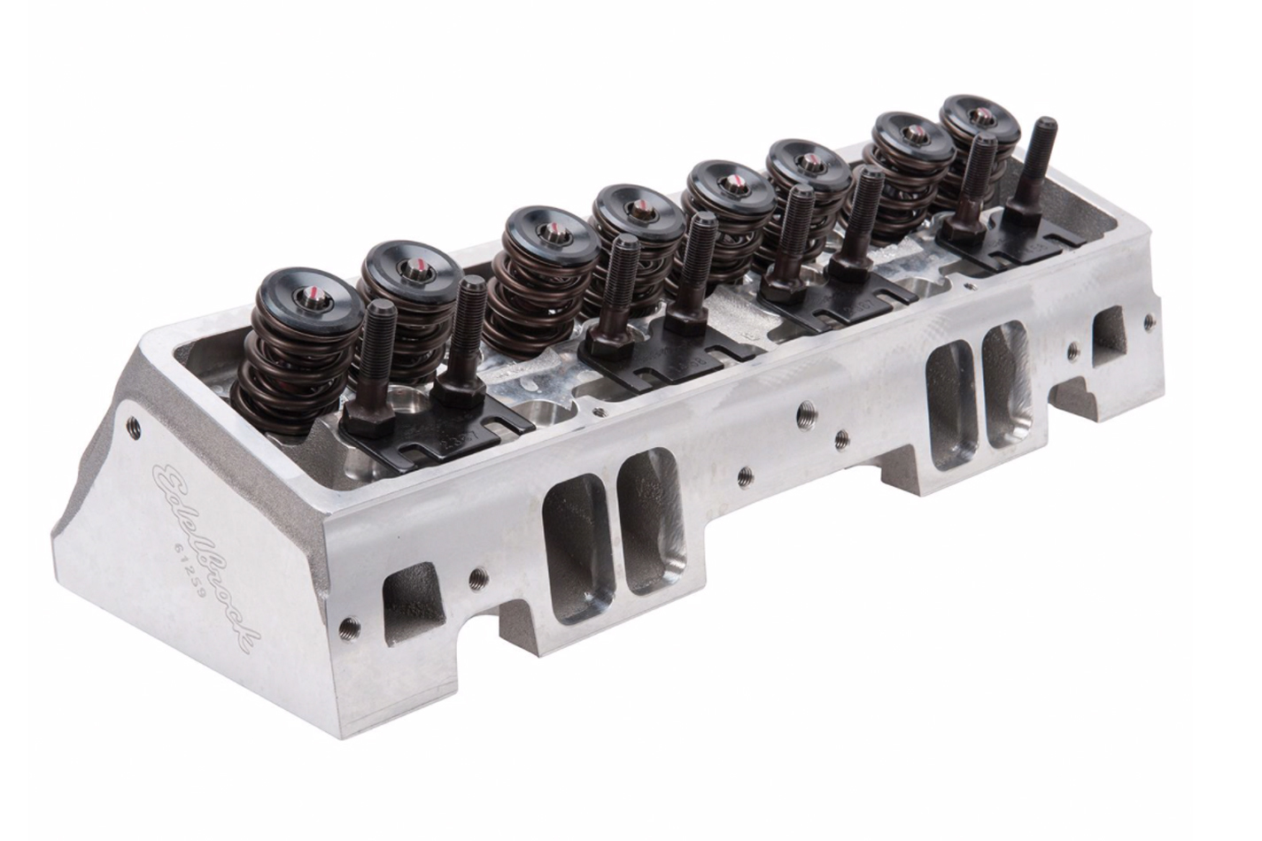 Edelbrock 61259 Cylinder Head, Victor JR, Assembled, 2.100 / 1.600 in Valves, 220 cc Intake, 64 cc Chamber, 1.550 in Springs, Angle Plug, Aluminum, Small Block Chevy, Each