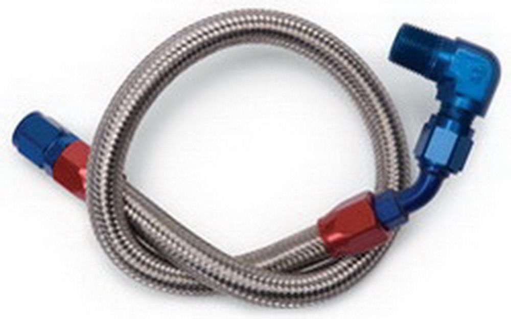 Edelbrock 8124 Fuel Supply Hose, Mechanical Pump to Carburetor, 3/8 in NPT Male Inlet, 6 AN Male Outlet, Braided Stainless, Each