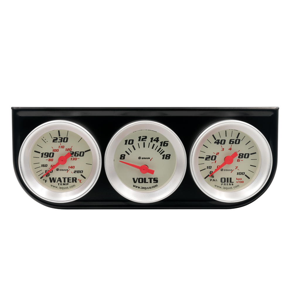 Equus E8100 - Gauge Kit, 8000 Series, Analog, Oil Pressure / Voltmeter / Water Temperature, 1-1/2 in Diameter, White Face, Kit