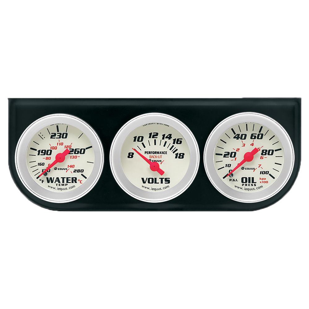 Equus E8200 - Gauge Kit, 8000 Series, Analog, Oil Pressure / Voltmeter / Water Temperature, 2 in Diameter, White Face, Kit
