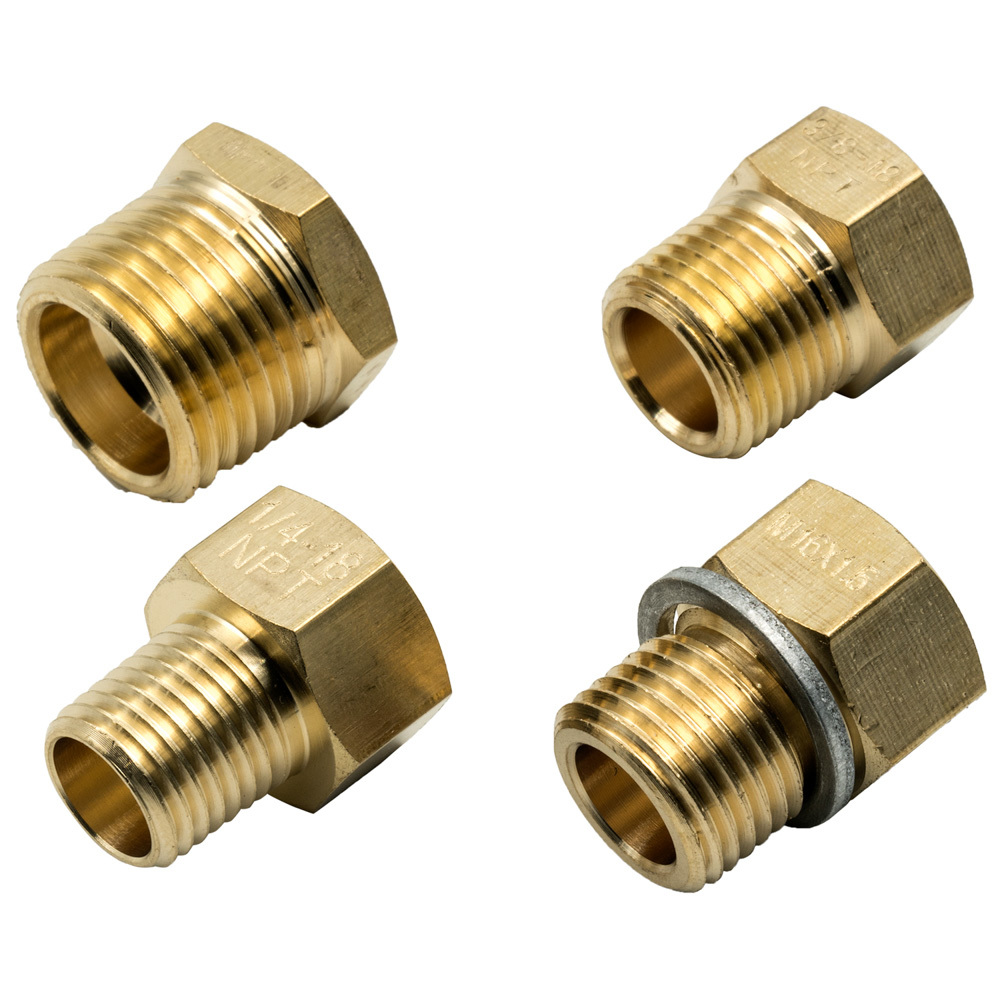 Equus E9851 - Fitting, Adapter, Straight, 6 AN Female to 3/8 in NPT Male / 1/4 in NPT Male / 1/2 in NPT Male / 16 mm x 1.5 Male, Brass, Natural, Kit