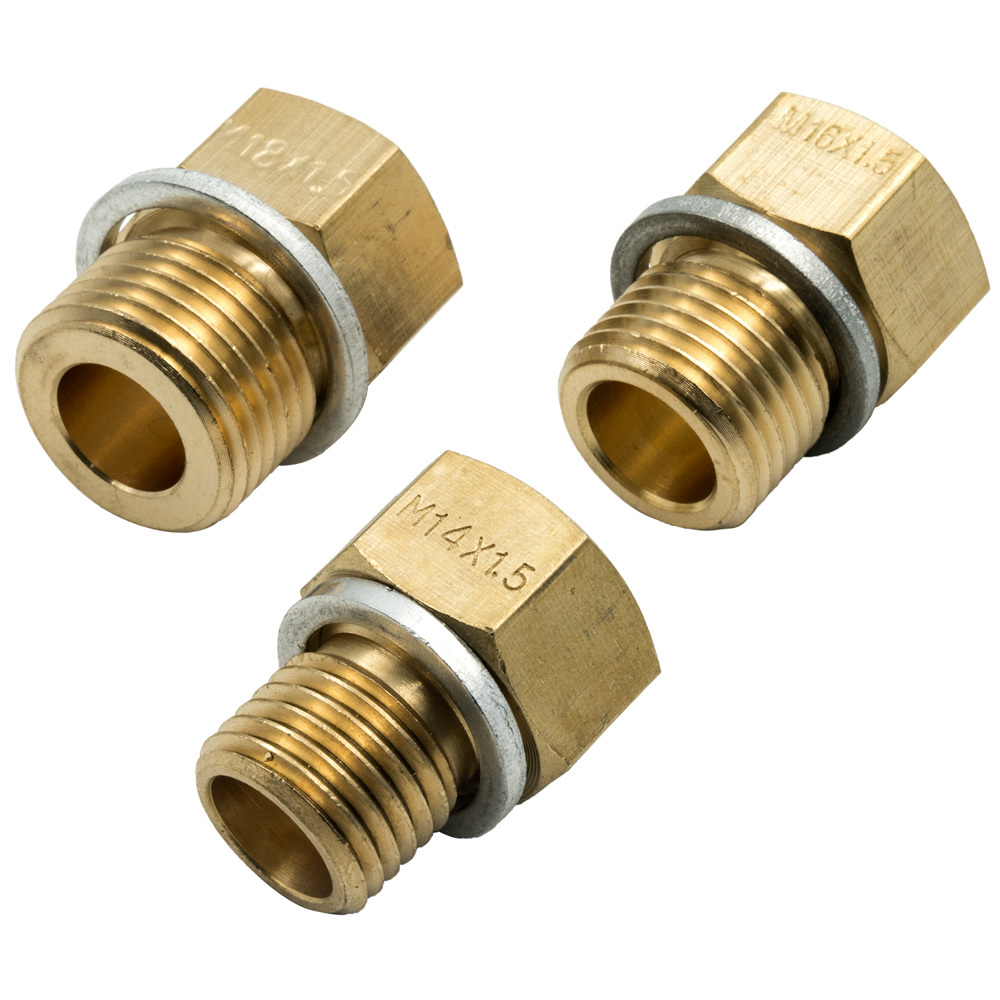 Equus E9853 Fitting, Adapter, Straight, 10 AN Female to 14 mm x 1.5 Male / 16 mm x 1.5 Male / 18 mm x 1.5 Male, Brass, Natural, Kit