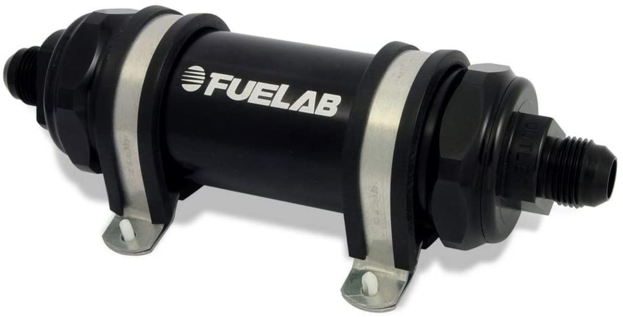 FueLab 82802-1 Fuel Filter, In-Line, 10 Micron, 5 in Paper Element, 8 AN Male Inlet, 8 AN Male Outlet, Aluminum, Black Anodized, Each