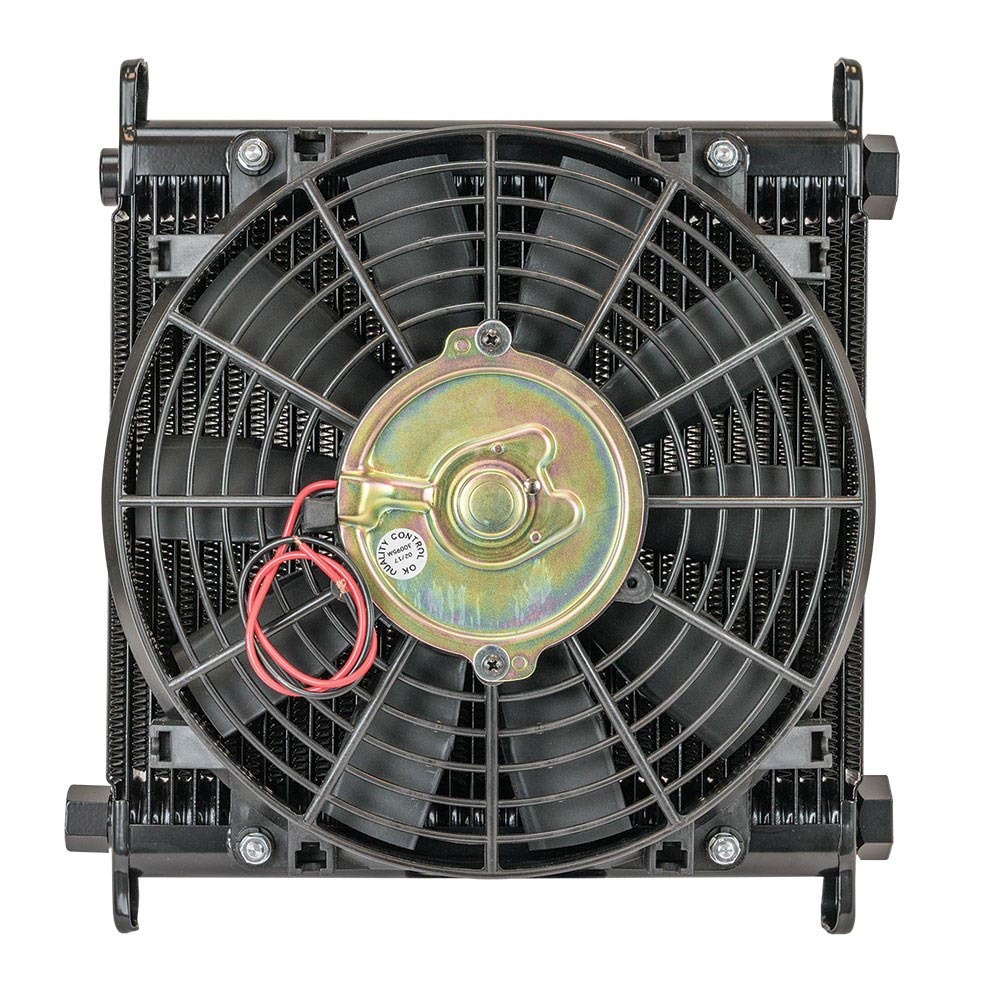 Flex A Lite 116323 Fluid Cooler and Fan, 11 x 11 x 4.250 in, Plate Type, 10 AN Female O-Ring Inlet / Outlet, 10 AN Male Adapter, Fittings Included, Mounts / Temperature Switch Included, Aluminum, Black Paint, Engine Oil, Kit