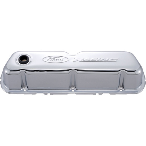 Ford Performance 302-070 Valve Cover, Stock Height, Baffled, Breather Hole, Ford Racing Logo, Steel, Chrome, Small Block Ford, Pair