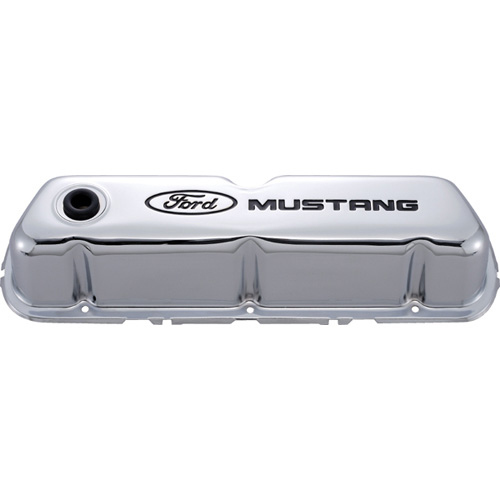Ford Performance 302-100 Valve Cover, Tall, Baffled, Breather Hole, Ford Mustang Logo, Steel, Chrome, Small Block Ford, Pair