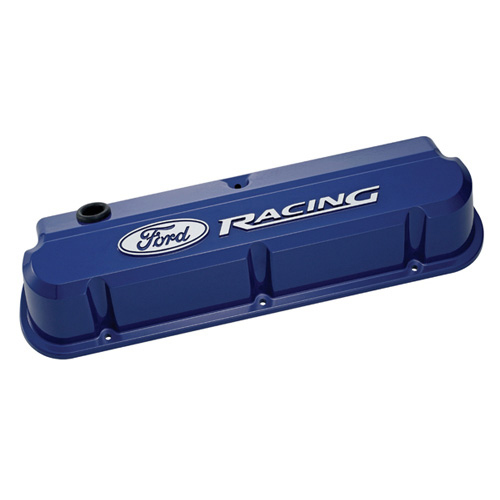 Ford Performance 302-136 Valve Cover, Slant-Edge, Tall, Baffled, Breather Hole, Raised Ford Racing Logo, Aluminum, Blue, Small Block Ford, Pair