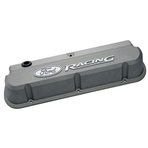 Ford Performance 302-137 Valve Cover, Slant-Edge, Tall, Baffled, Breather Hole, Raised Ford Racing Logo, Aluminum, Gray Crinkle Powder Coat, Small Block Ford, Pair