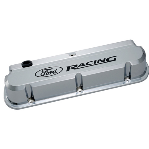 Ford Performance 302-139 Valve Cover, Slant-Edge, Tall, Baffled, Breather Hole, Recessed Ford Racing Logo, Aluminum, Chrome, Small Block Ford, Pair