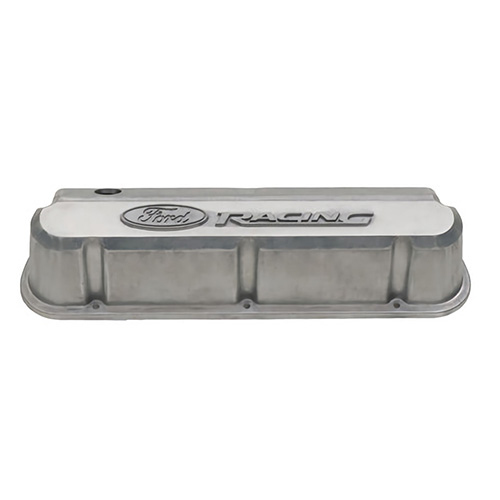 Ford Performance 302-146 Valve Cover, Slant-Edge, Tall, Baffled, Breather Hole, Raised Ford Racing Logo, Aluminum, Natural, Small Block Ford, Pair