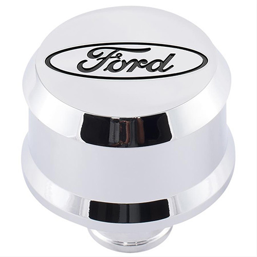 Ford Performance 302-439 Breather, Slant-Edge, Push-In, Round, 1-1/4 in Hole, Recessed Ford Oval Logo, Aluminum, Chrome, Each
