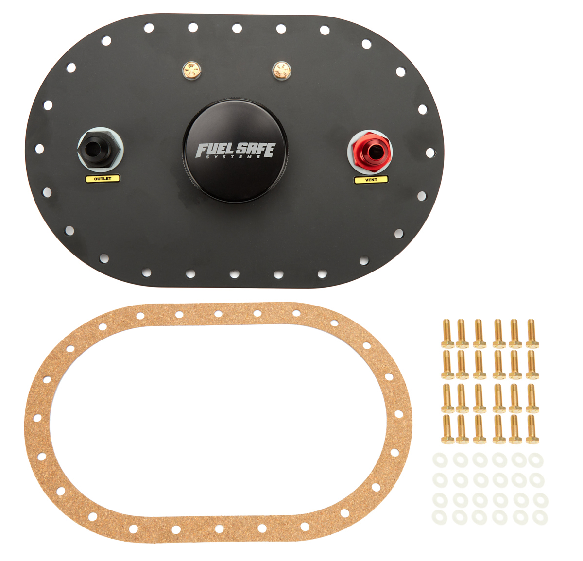 Fuel Safe SF6X10A-A Fuel Cell Filler Plate, Threaded Cap, Flat Mount, 24-Bolt Flange, 8 AN Male Outlet / Vent, Rollover Valve, Steel, Black Anodized, Kit