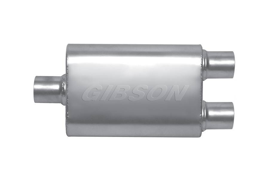 Gibson Exhaust BM0109 Muffler, MWA, 3 in Center Inlet, Dual 2-1/2 Outlets, 14 x 9 x 4 in Oval Body, 20 in Long, Stainless, Natural, Universal, Each