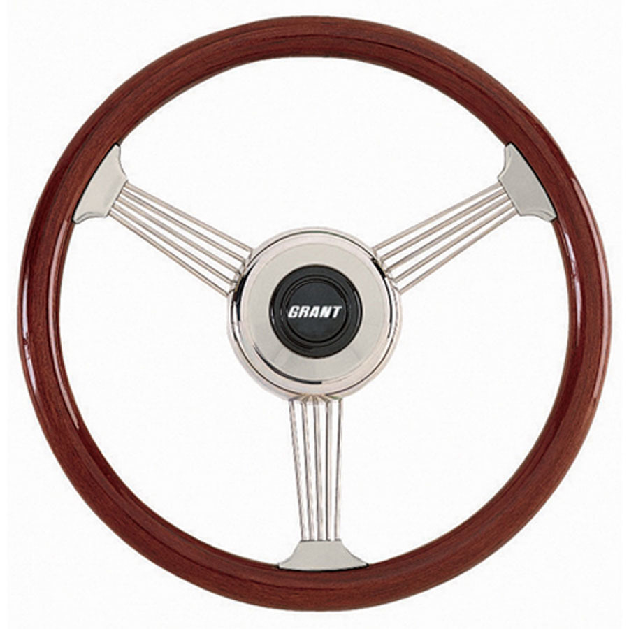 Grant 1057 Steering Wheel, Banjo, 14-3/4 in Diameter, 3-Spoke, Wood Grip, Stainless, Polished, Each
