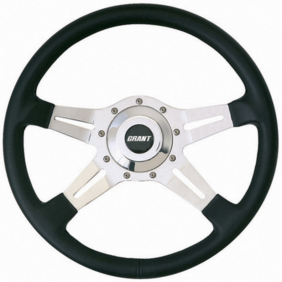 Grant 1070 Steering Wheel, Le Mans, 14 in Diameter, 3-3/4 in Dish, 4-Spoke, Black Vinyl Grip, Aluminum, Polished, Each