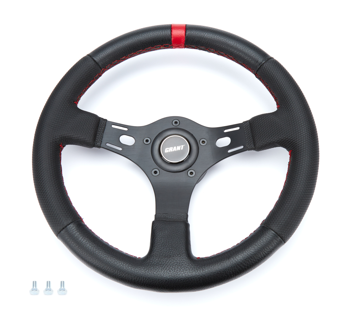 Grant 1073 Steering Wheel, Performance Race, 13 in Diameter, 1 in Dish, 3-Spoke, Black Leather Grip, Aluminum, Black Anodized, Each