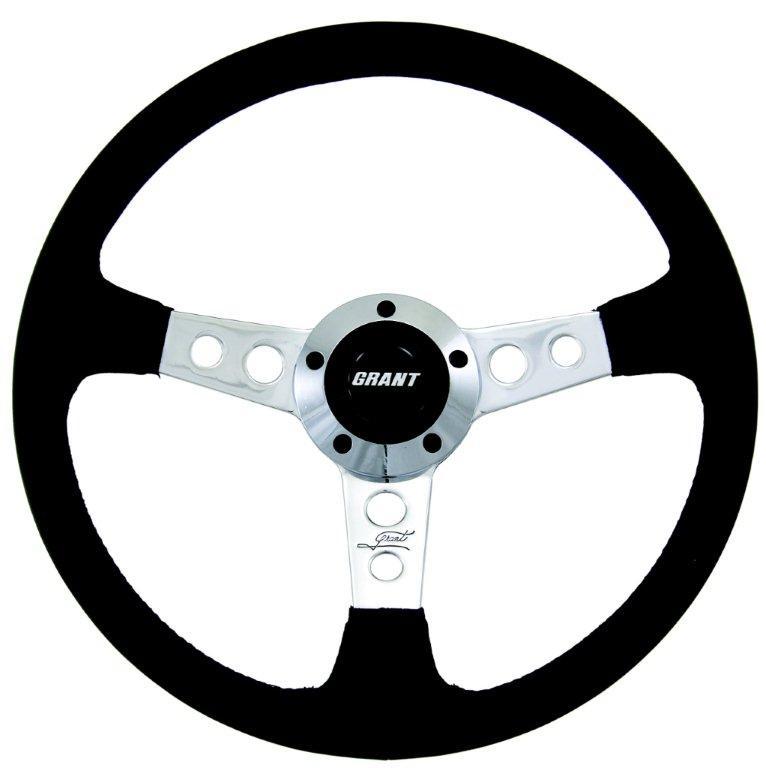 Grant 1139 Steering Wheel, Collectors Edition, 14 in Diameter, 3-3/4 in Dish, 3-Spoke, Black Leather Grip, Aluminum, Polished, Each