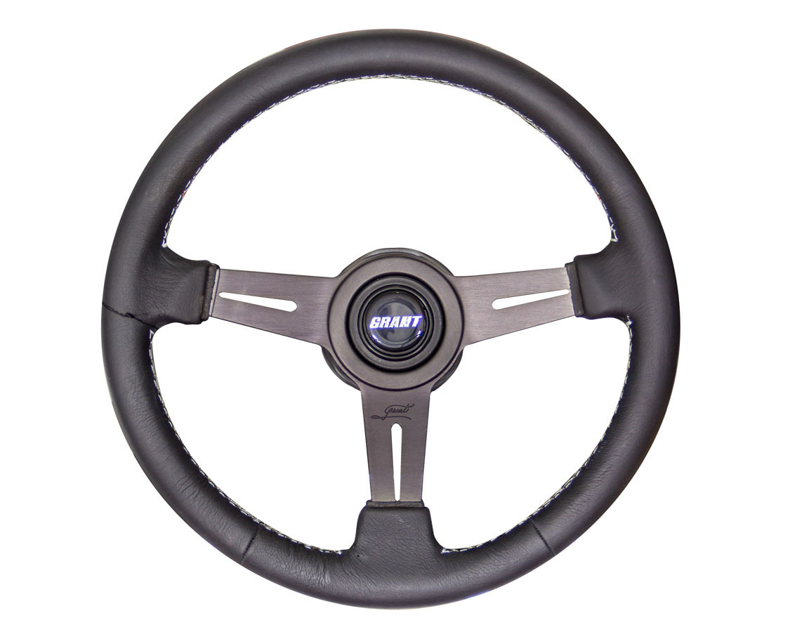 Grant 1160 Steering Wheel, Collectors Edition, 13-3/4 in Diameter, 3-3/4 in Dish, 3-Spoke, Black Leather Grip, Aluminum, Black Anodized, Each