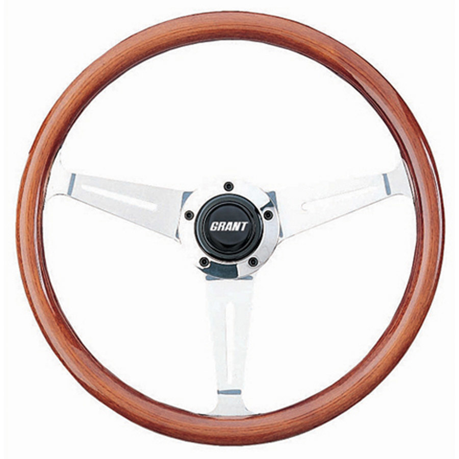 Grant 1170 Steering Wheel, Collectors Edition, 14-1/2 in Diameter, 3-1/2 in Dish, 3-Spoke, Wood Grip, Aluminum, Polished, Each