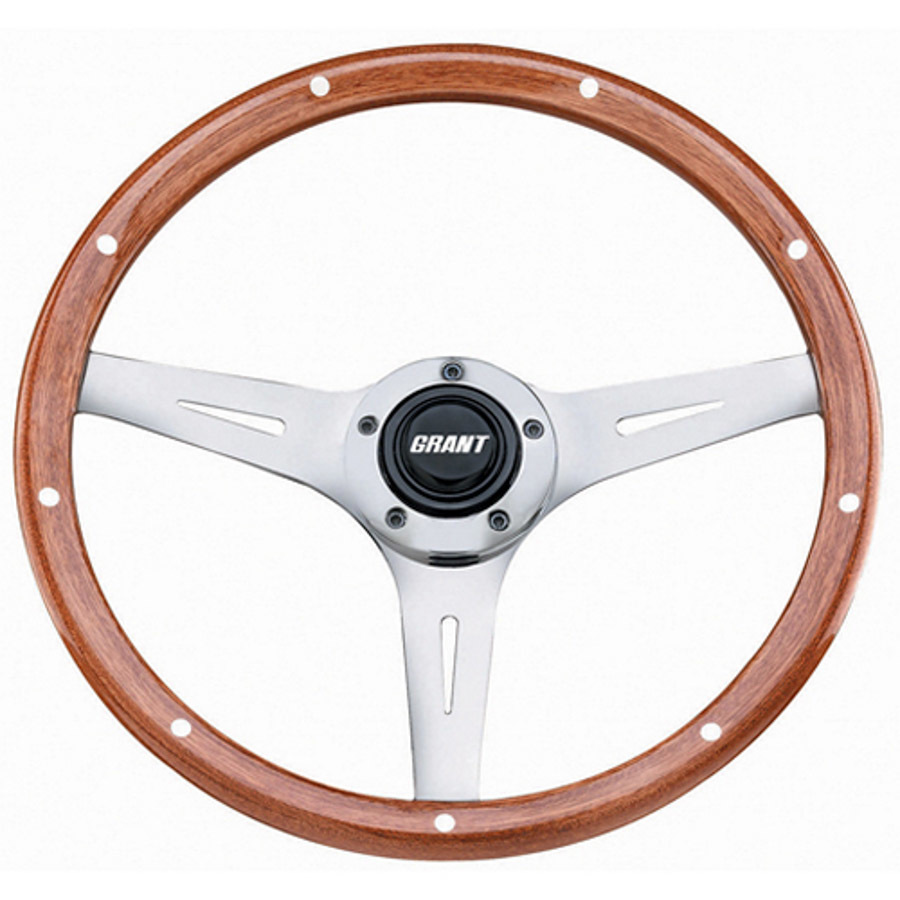 Grant 1175 Steering Wheel, Collectors Edition, 14 in Diameter, 3 in Dish, 3-Spoke, Wood Grip, Aluminum, Polished, Each