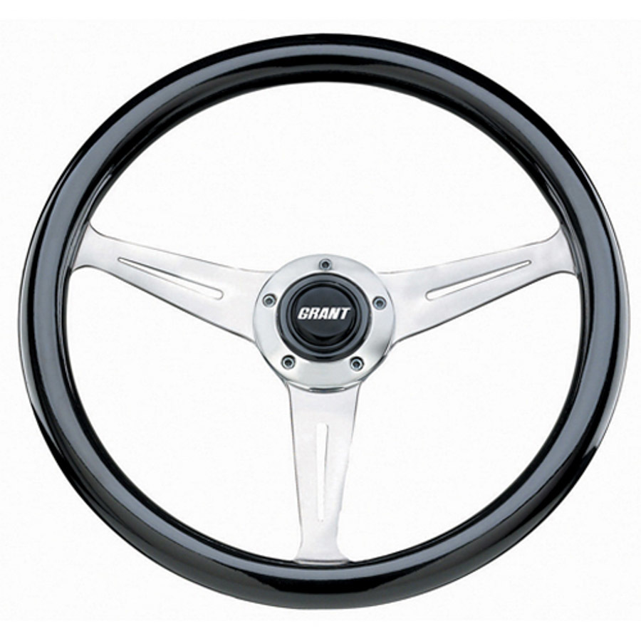 Grant 1178 Steering Wheel, Collectors Edition, 14-1/2 in Diameter, 3 in Dish, 3-Spoke, Black Wood Grip, Aluminum, Polished, Each