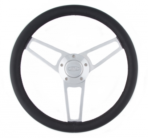 Grant Billet Steering Wheels 1903 Wheel, Series, Aluminum, Polished, Leather/Black, 3-Spoke, 14.75 in. Diameter, Ford Logo Horn Button, Each thumbnail 2