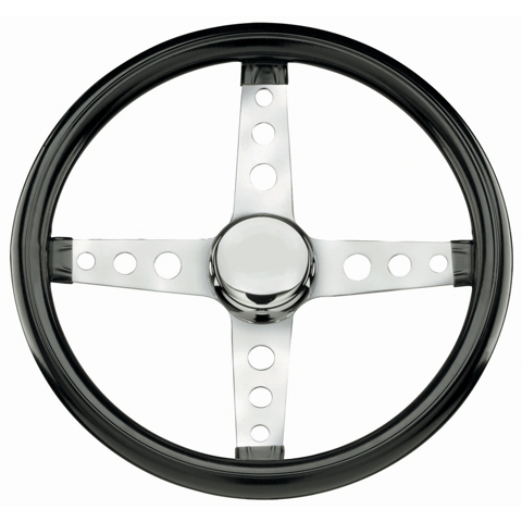 Grant 570 Steering Wheel, Classic, 13-1/2 in Diameter, 1-3/4 in Dish, 4-Spoke, Black Vinyl Grip, Steel, Chrome, Each