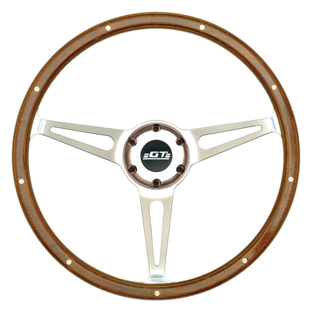 GT Performance 32-4247 - Steering Wheel, GT3 Retro, 14 in Diameter, 3 Spoke, 3-1/8 in Dish, Wood Grip, Aluminum, Polished, Each