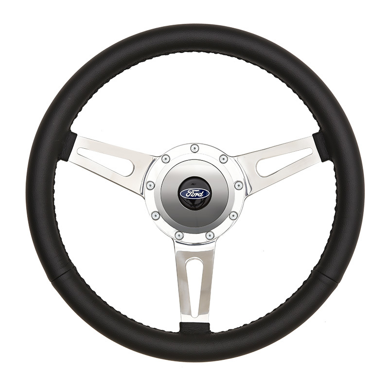 GT Performance 38-4245 Steering Wheel, GT9 Retro, 14-3/4 in Diameter, 1-3/4 in Dish, 3-Spoke, Black Leather Grip, Aluminum, Polished, Each