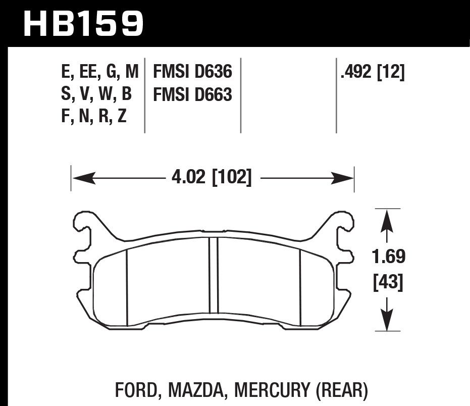 Hawk Performance HB159W.492 Brake Pads, DTC-30 Compound, Wide Temperature Range, Rear, Mazda / Mercury / Ford / Chevrolet 1994-2005, Set of 4